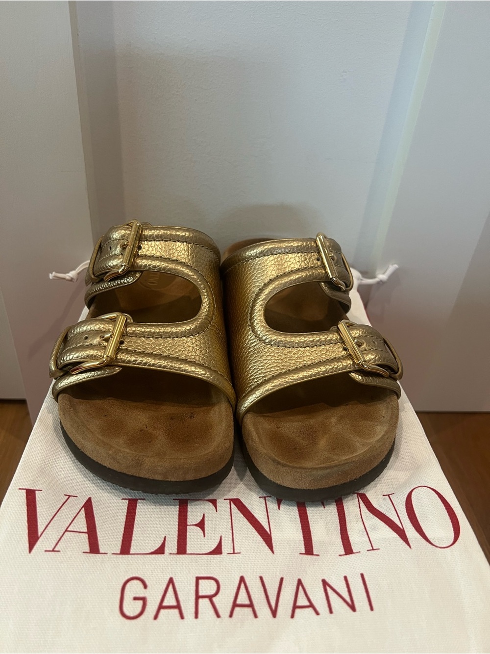 Valentino Garavani Metallic Gold Double-Buckle Slide Sandals